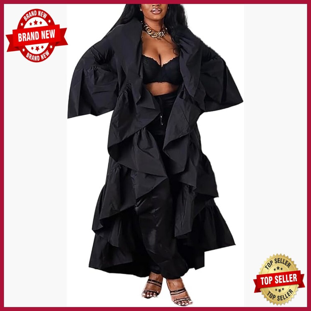 Long Sleeve Open Front Ruffle Maxi Cardigan Asymmetrical Hem Lightweight